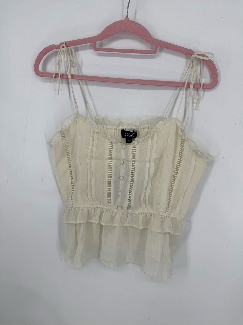 GiGio Cream Ruffle Tie-Strap Coquette Fairycore Boho Soft Girl Crop Top Large